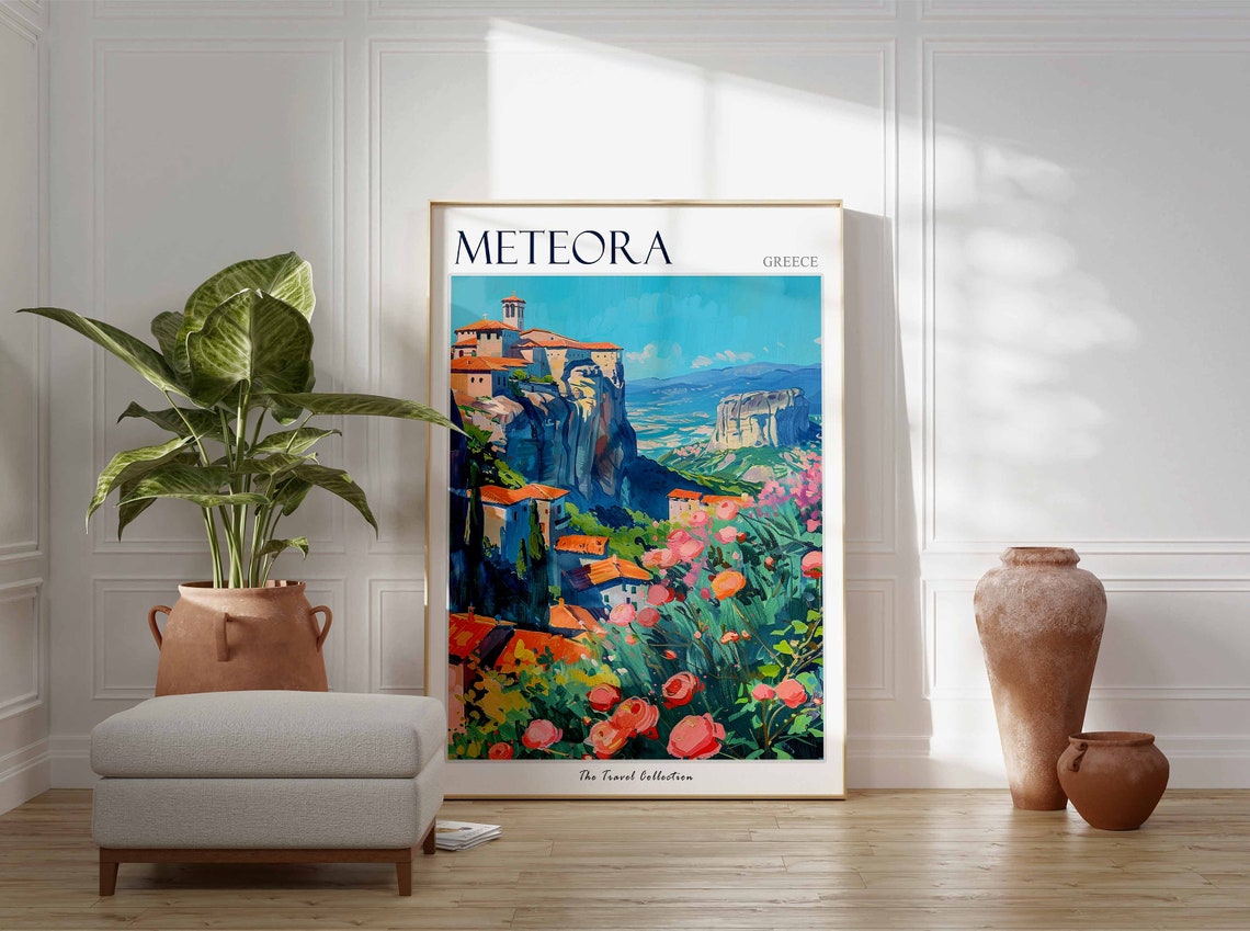 Meteora Greece Cliffside Monastery with Pink Blooming Flowers Poster - Image 2