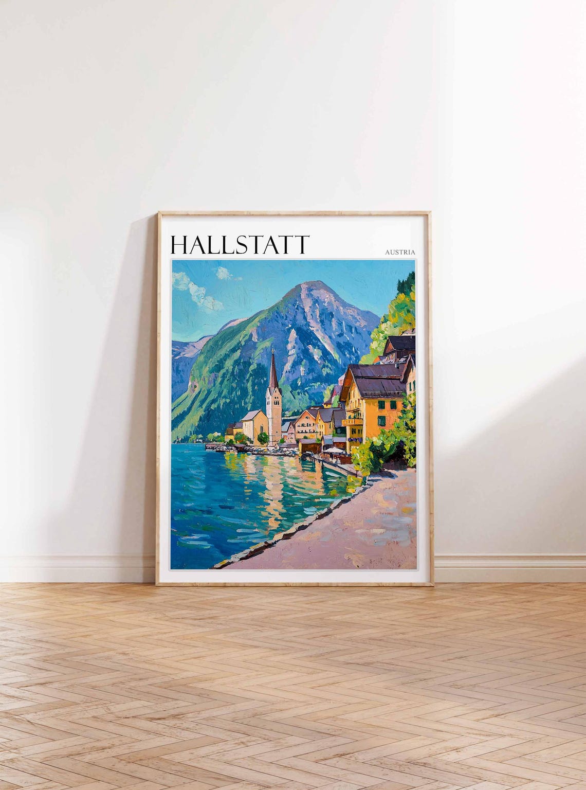 Hallstatt Austria Sunny Lakeside Path Church Mountain View Poster - Image 3