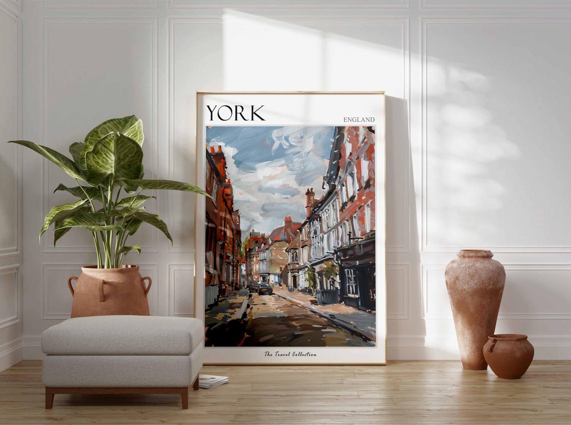 York England Historic Old Street Brick Buildings Painterly Poster - Image 2