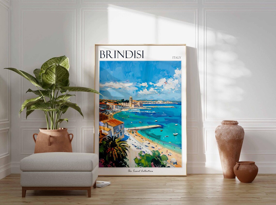 Brindisi Italy Harbor Bay Beach Town Church Tower Travel Poster - Image 2