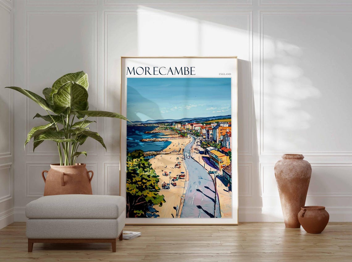 Morecambe England Beach Road Sunshades Busy Summer Shore Poster - Image 3