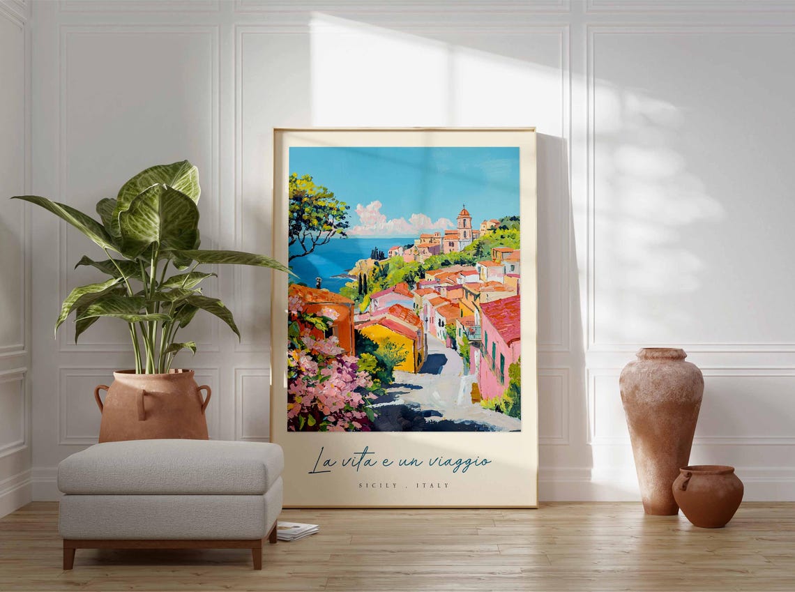 Sicily Italy Town Poster Church Bell Tower Overlooking The Blue Sea - Image 3