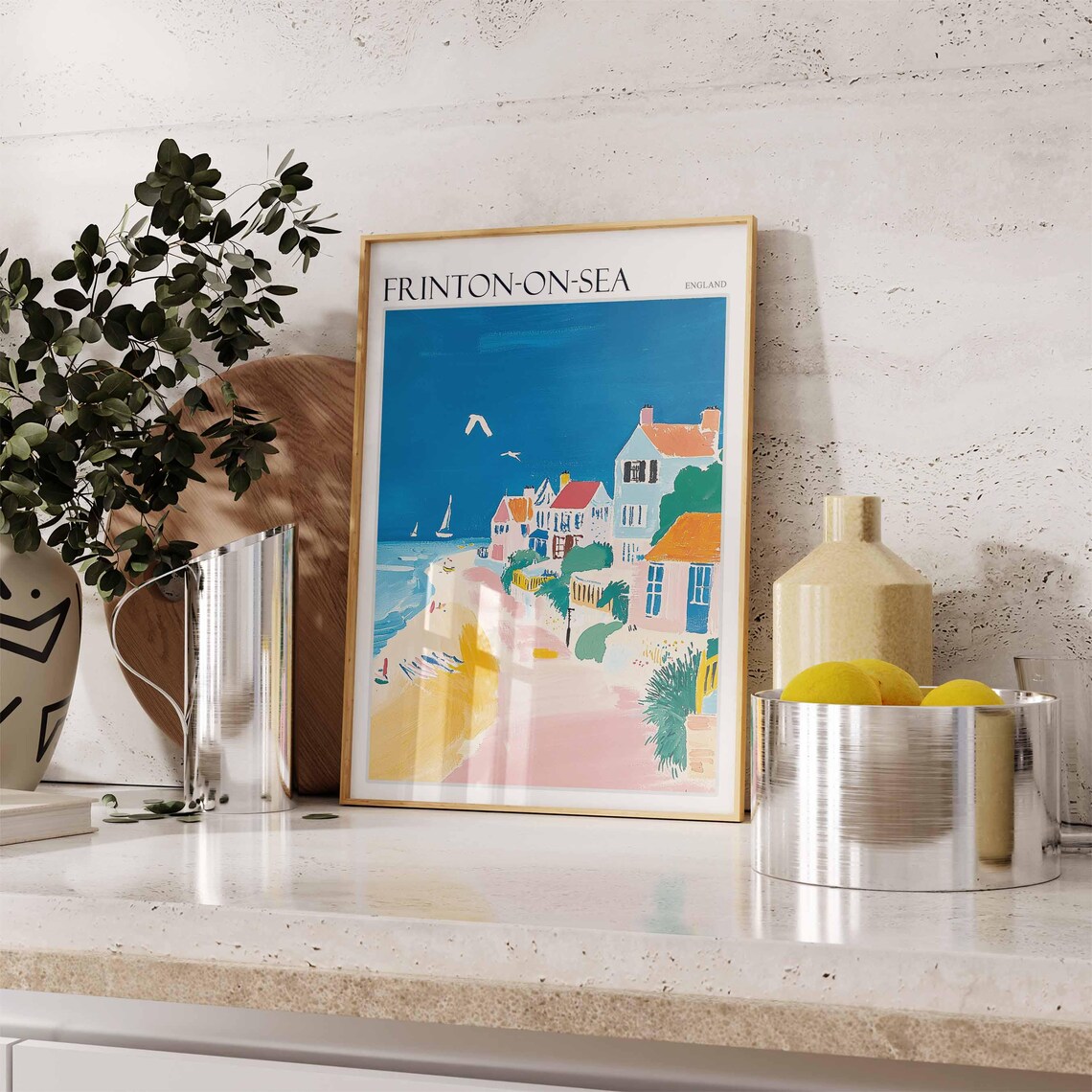 Frinton On Sea Minimalist Pink Beach Sailboats White Seagull Travel Poster - Image 2