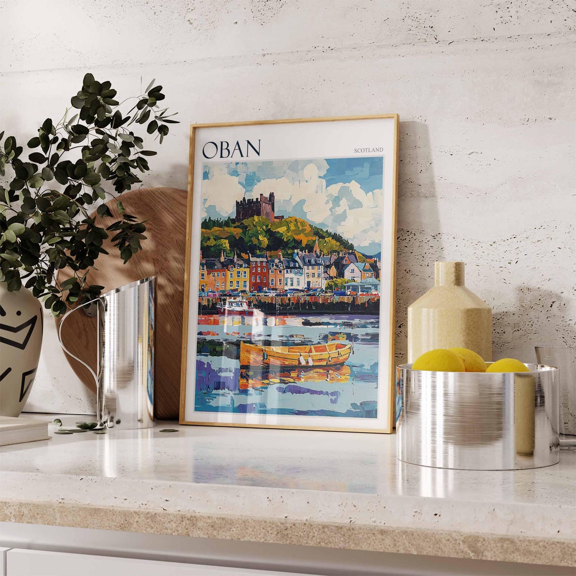 Oban Harbor Castle Hill Rowboat Reflection Scotland Travel Poster - Image 3