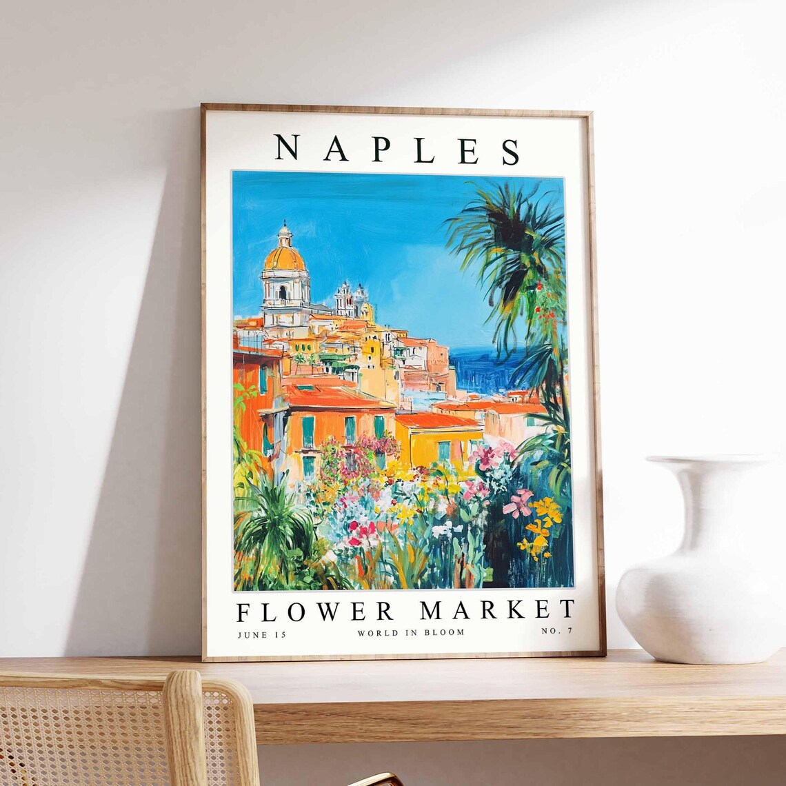 Naples Flower Market Church Tower Orange Rooftops Art Poster