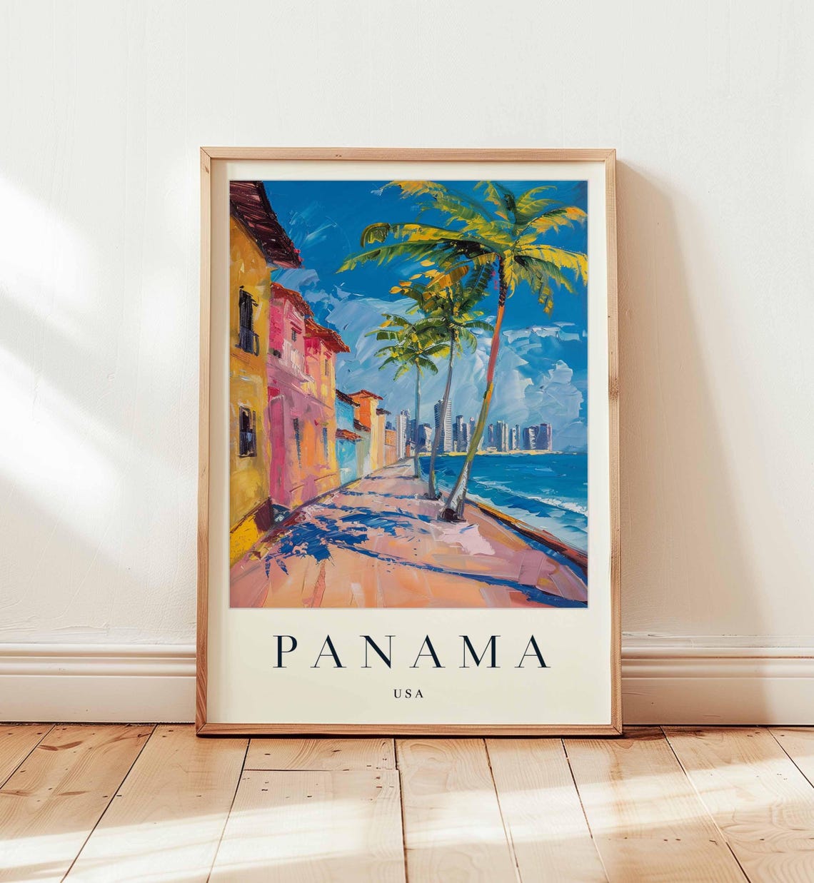 Panama USA Palm Lined Promenade Colorful Houses Ocean Travel Poster