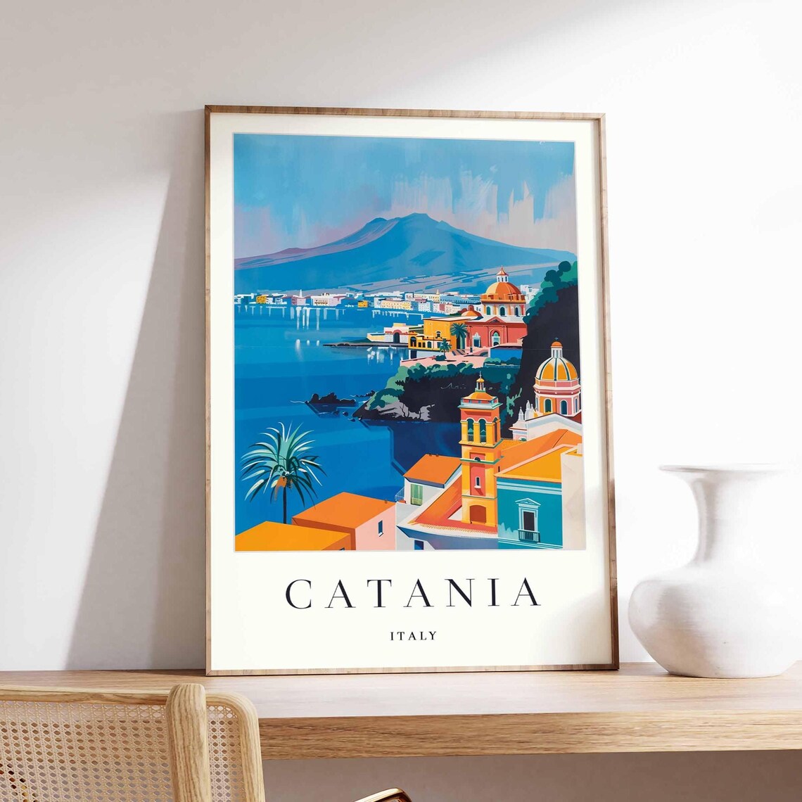 Catania Italy Coastal City Mount Etna Volcano View Travel Poster