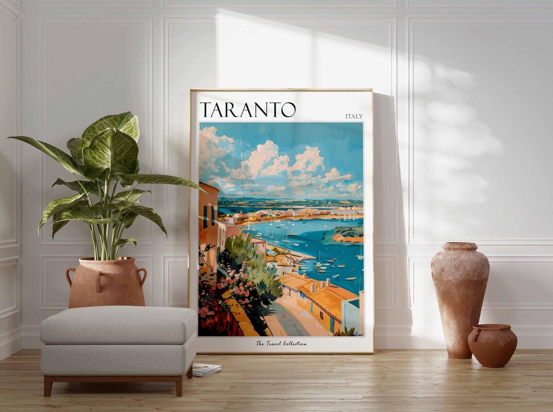 Taranto Italy Scenic Coastal Town Sailboats Bay Painted Poster - Image 2