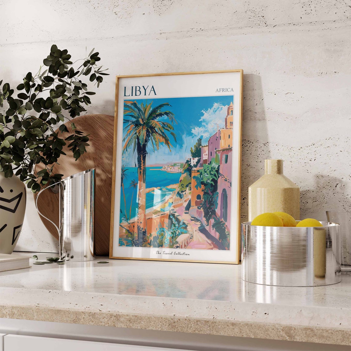Libya Africa Mediterranean Coast Travel Poster Palm Tree Seaside Art - Image 3