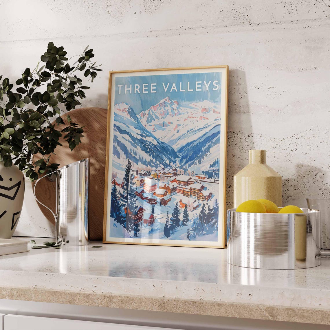 Three Valleys Red Chalet Village Framed by Dark Pines Poster - Image 2