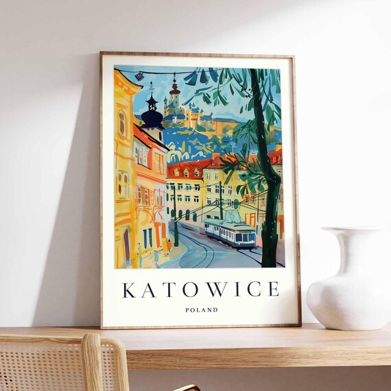 Katowice Poland Old Town Tram Street Colorful Travel Art Poster