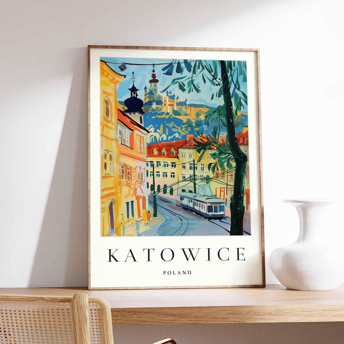 Katowice Poland Old Town Tram Street Colorful Travel Art Poster
