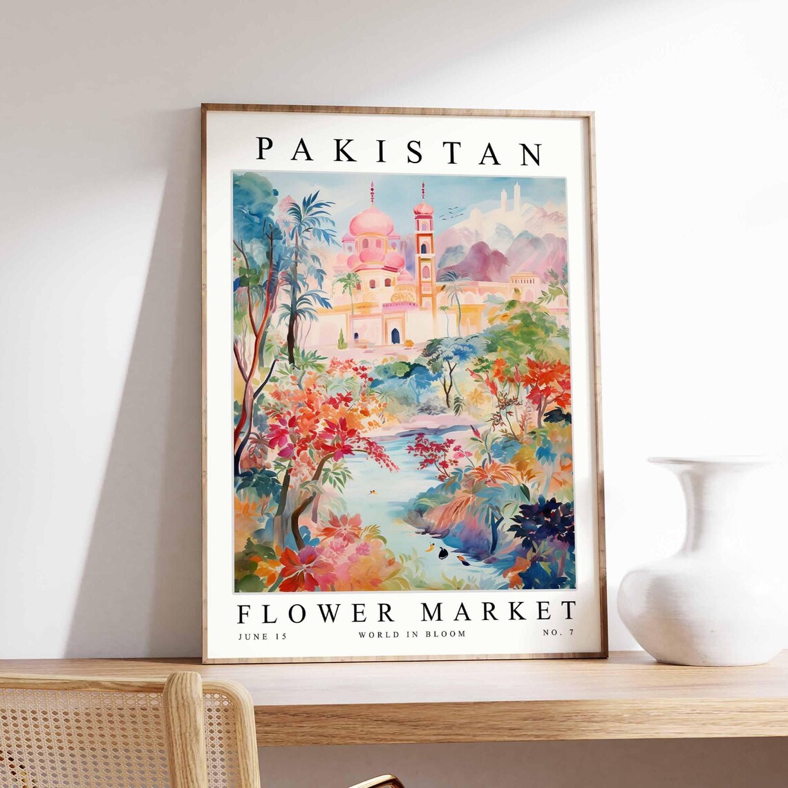 Pakistan Watercolor Palace Lake Mountains Blossom Garden Market Poster