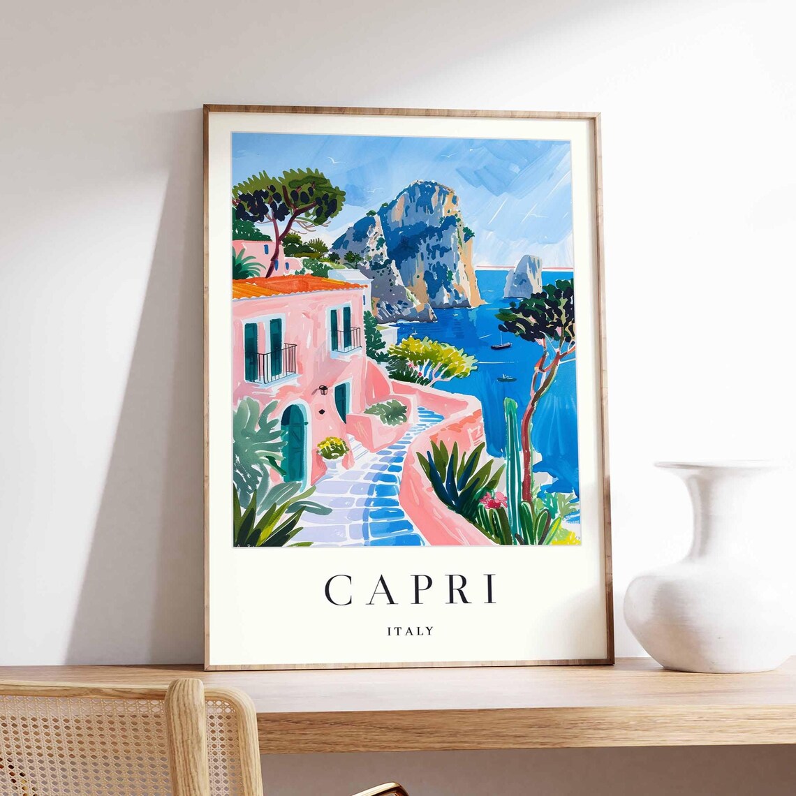 Capri Italy Pink Houses Faraglioni Cliffs Coastal Travel Poster