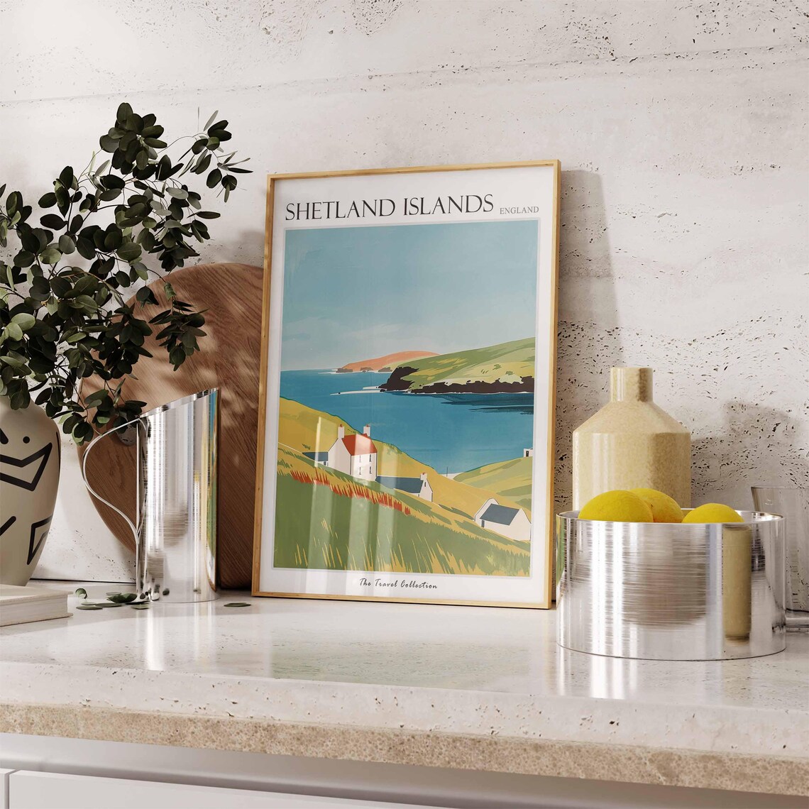 Shetland Islands Red Roof House Golden Hillside Sea Travel Poster - Image 3