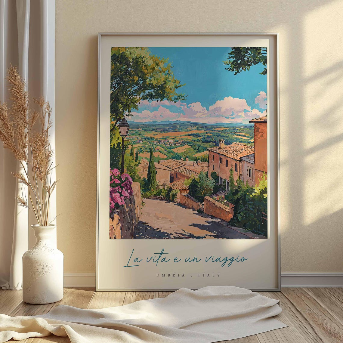 Umbria Italy Village Cobbled Lane Lamp Post Valley Panorama Poster - Image 2
