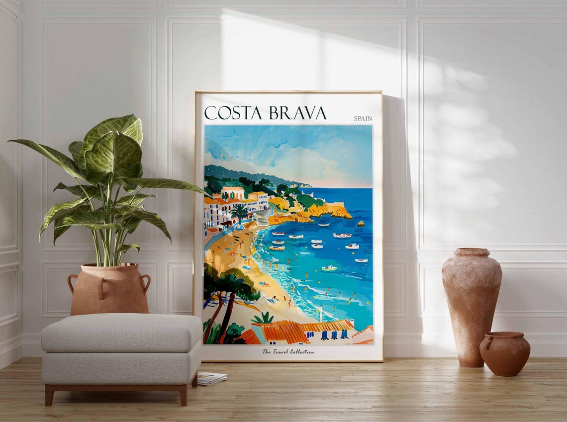 Costa Brava Beach Cove Swimmers Boats Turquoise Spain Travel Poster - Image 3