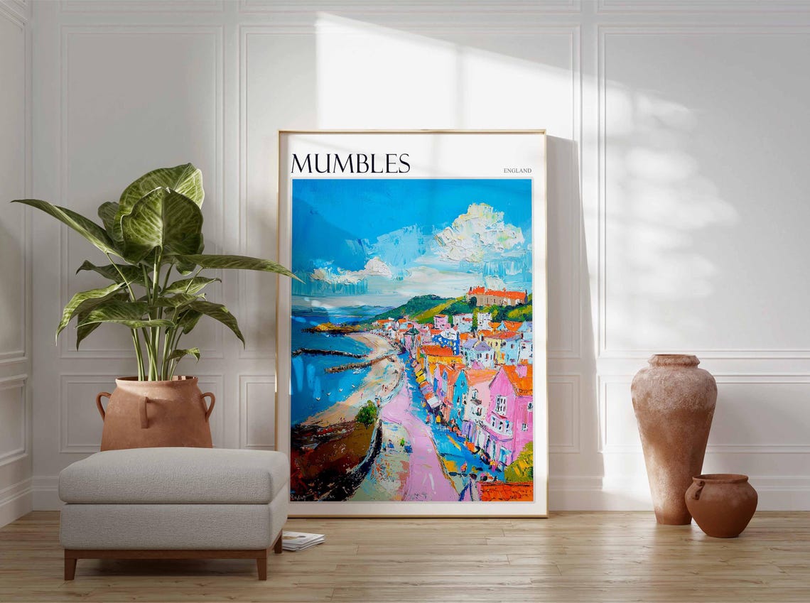 Mumbles England Aerial Pastel Town Bay Hilltop Fort View Poster - Image 3