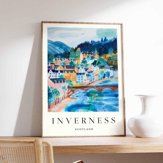 Inverness Scotland River Bridge Town Watercolor Travel Poster