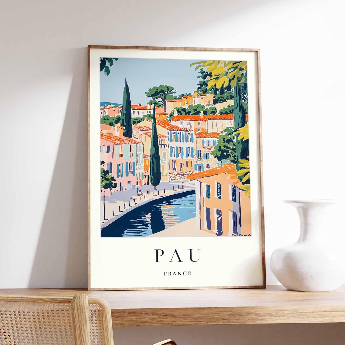 Pau France Canal Cypress Trees Pastel Houses Travel Art Poster