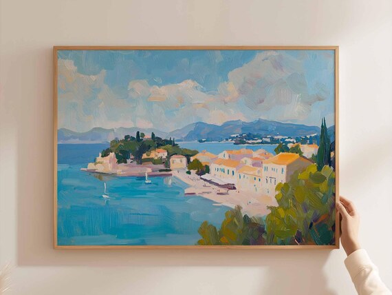Corfu Greece Coastal Old Town Palm Bay Seascape Painting Poster