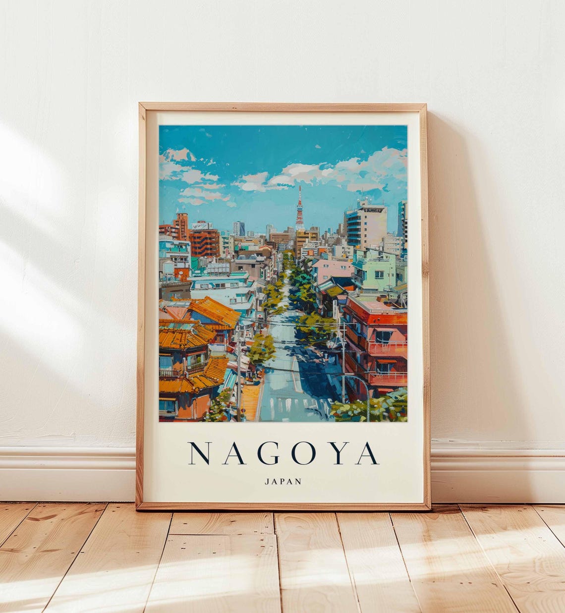 Nagoya Japan City Street Poster Skyline View with Distant Tower