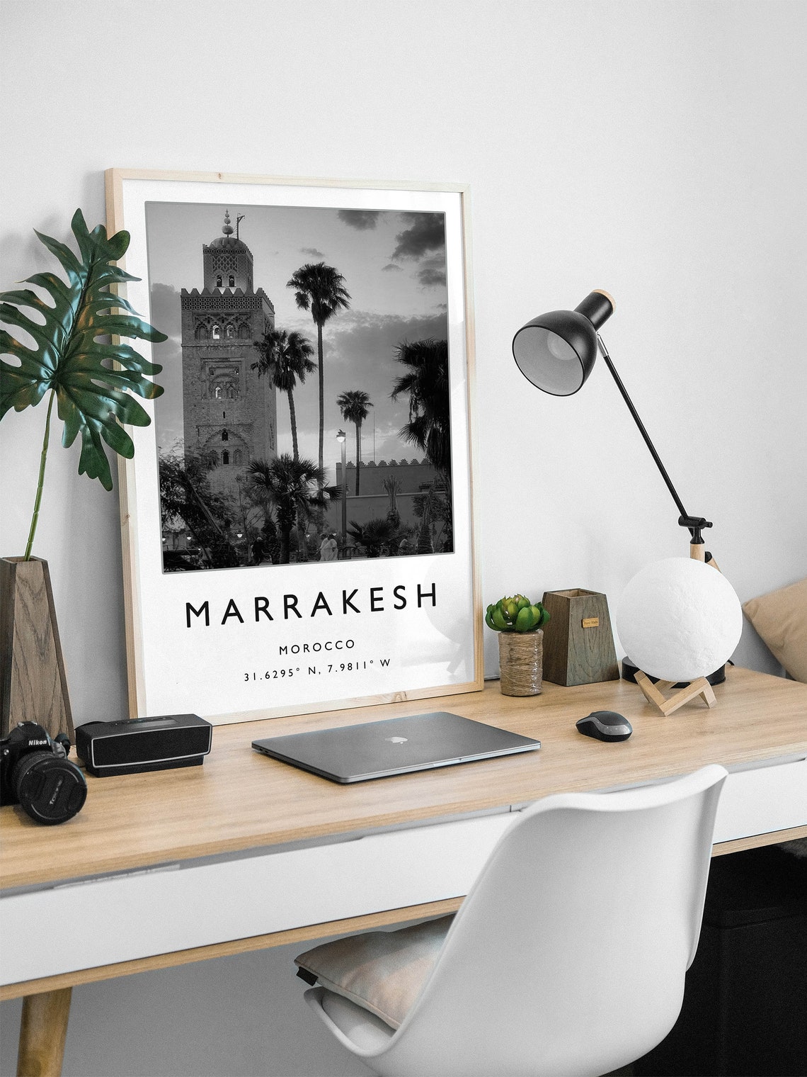 Marrakesh Morocco Minaret Palms Black and White Travel Poster - Image 2