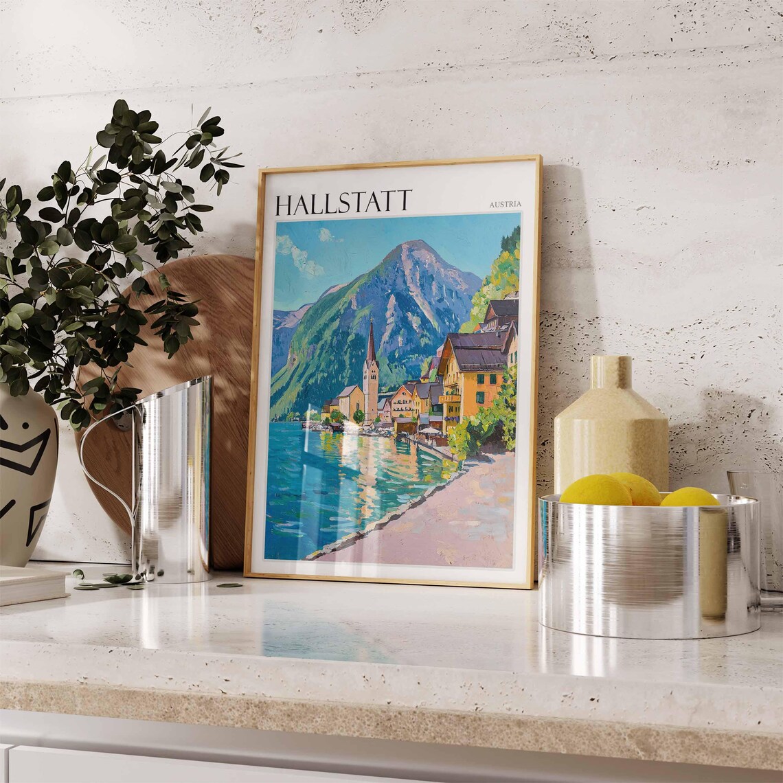 Hallstatt Austria Painted Lakeshore Village Church Travel Poster - Image 2