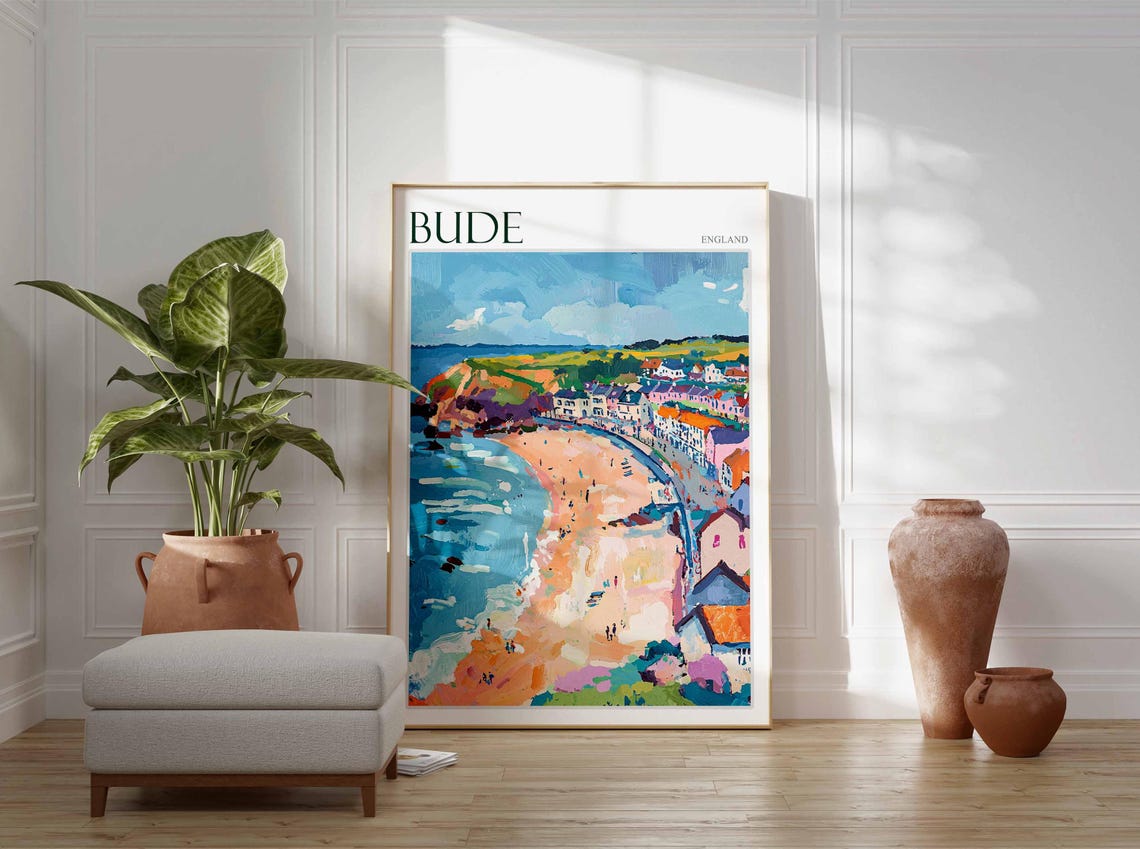 Bude Cornwall Sandy Beach Colorful Town Painted Aerial Travel Poster - Image 3