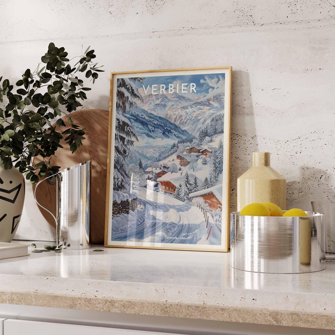 Verbier Switzerland Curving Ski Trail Chalets Winter Travel Poster - Image 2