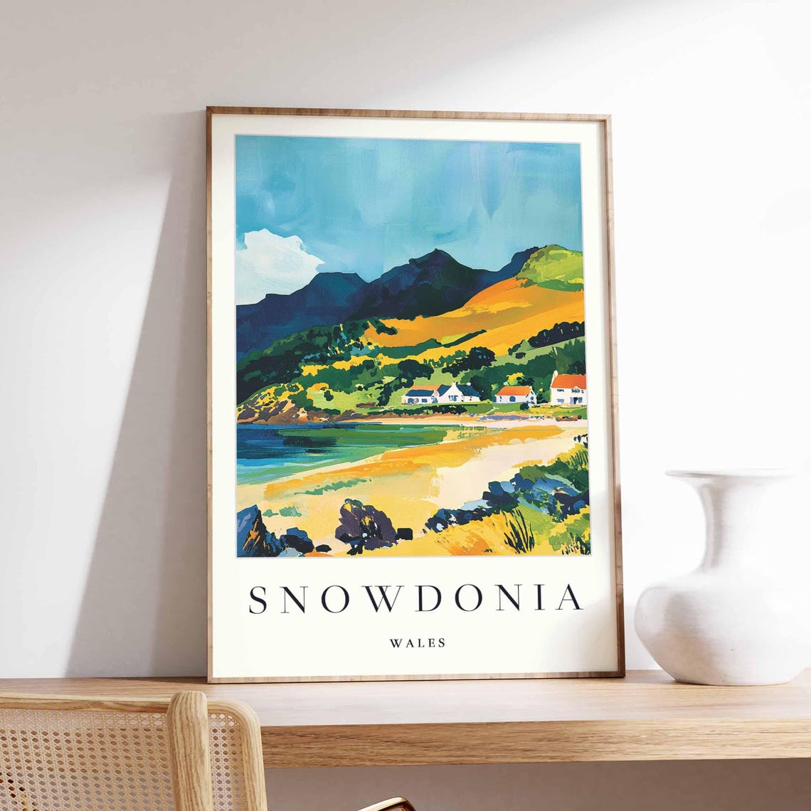 Snowdonia Wales Golden Beach Coastal Mountains Sunny Travel Poster