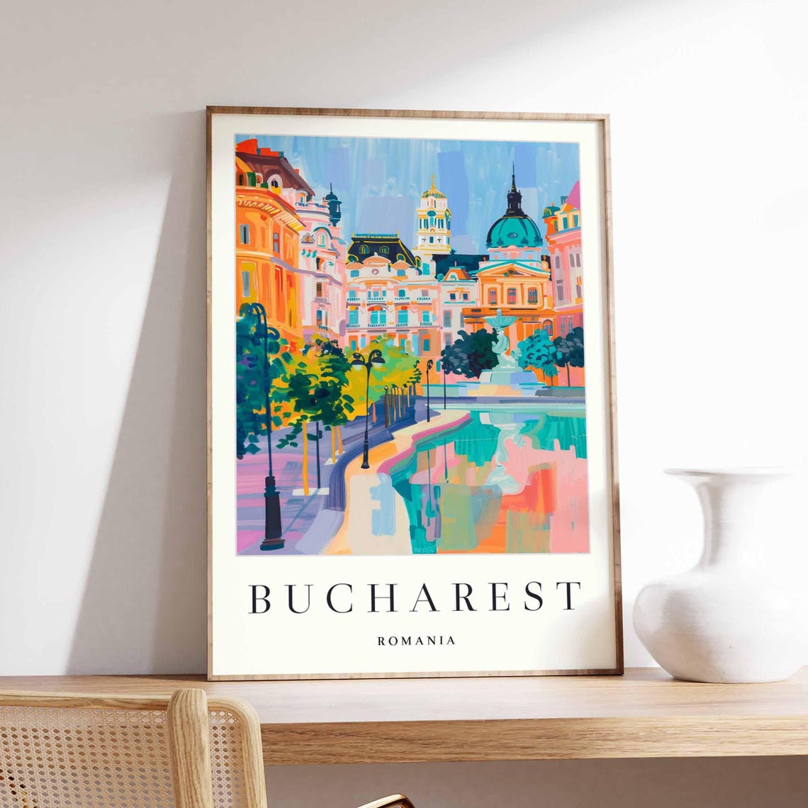 Bucharest Romania Fountain Boulevard Watercolor Street Poster