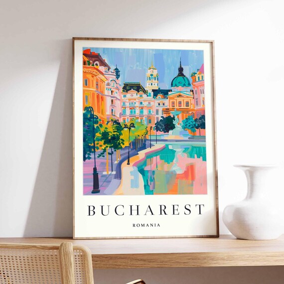 Bucharest Romania Fountain Boulevard Watercolor Street Poster