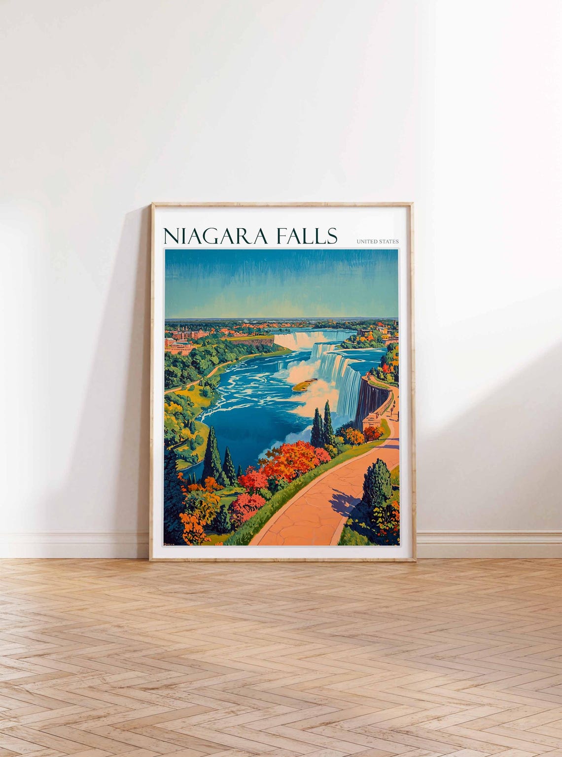 Niagara Falls Autumn River Curved Path Flat Style Color Poster - Image 2