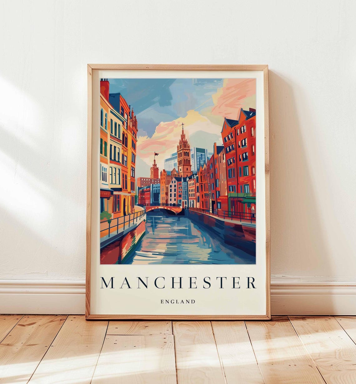 Manchester England Canal Sunset Brick Buildings Art Travel Poster
