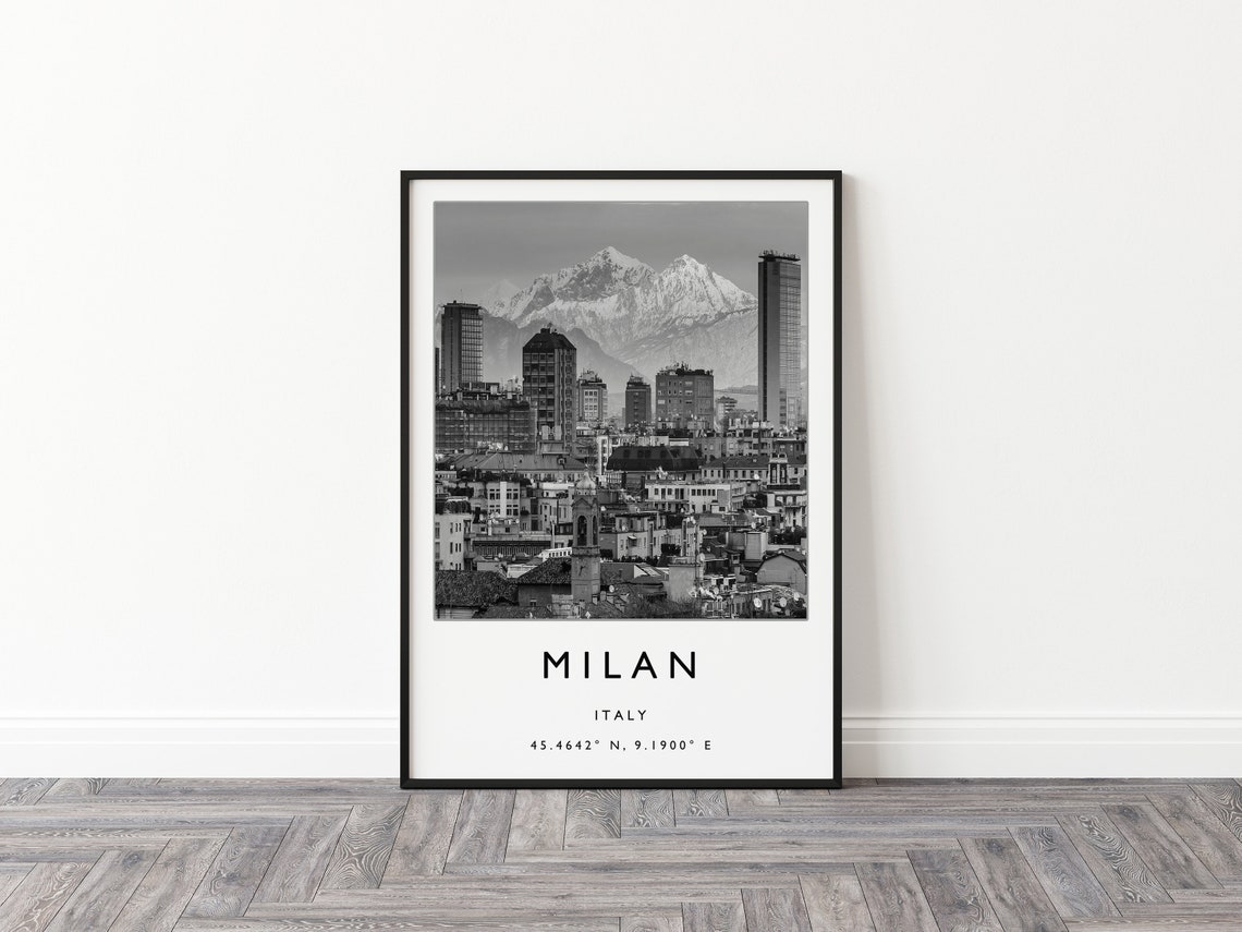 Milan Italy Black and White Skyline Alps Photo Travel Poster - Image 3