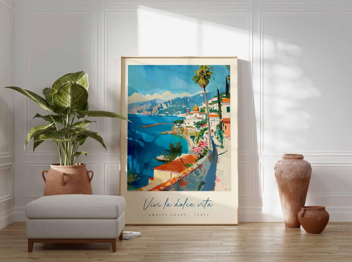 Amalfi Coast Harbor Domed Church Palm Trees Coastal Art Poster - Image 3