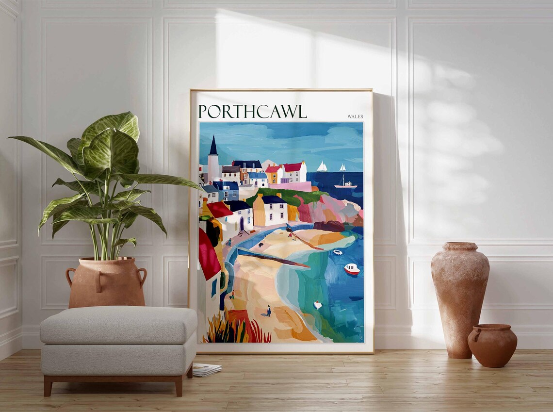 Porthcawl Wales Harbor Town Sailboats Scene Vintage Travel Poster - Image 4