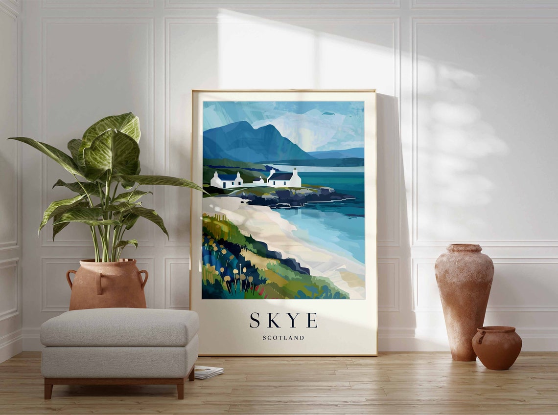 Skye Scotland White Cottages By The Sea Landscape Art Poster - Image 3