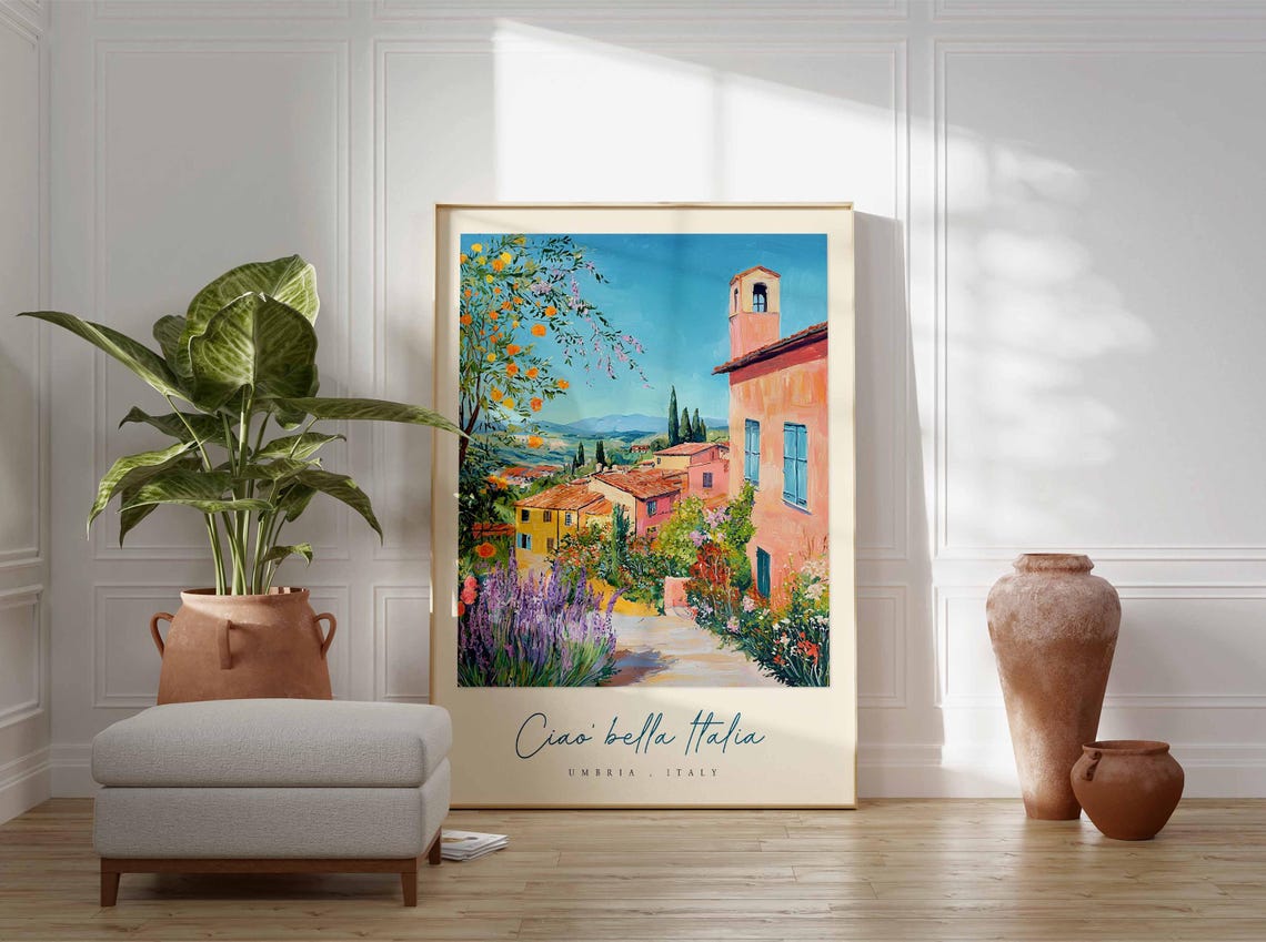 Umbria Italy Sunlit Lane Orange Tree Lavender Village Houses Poster - Image 3