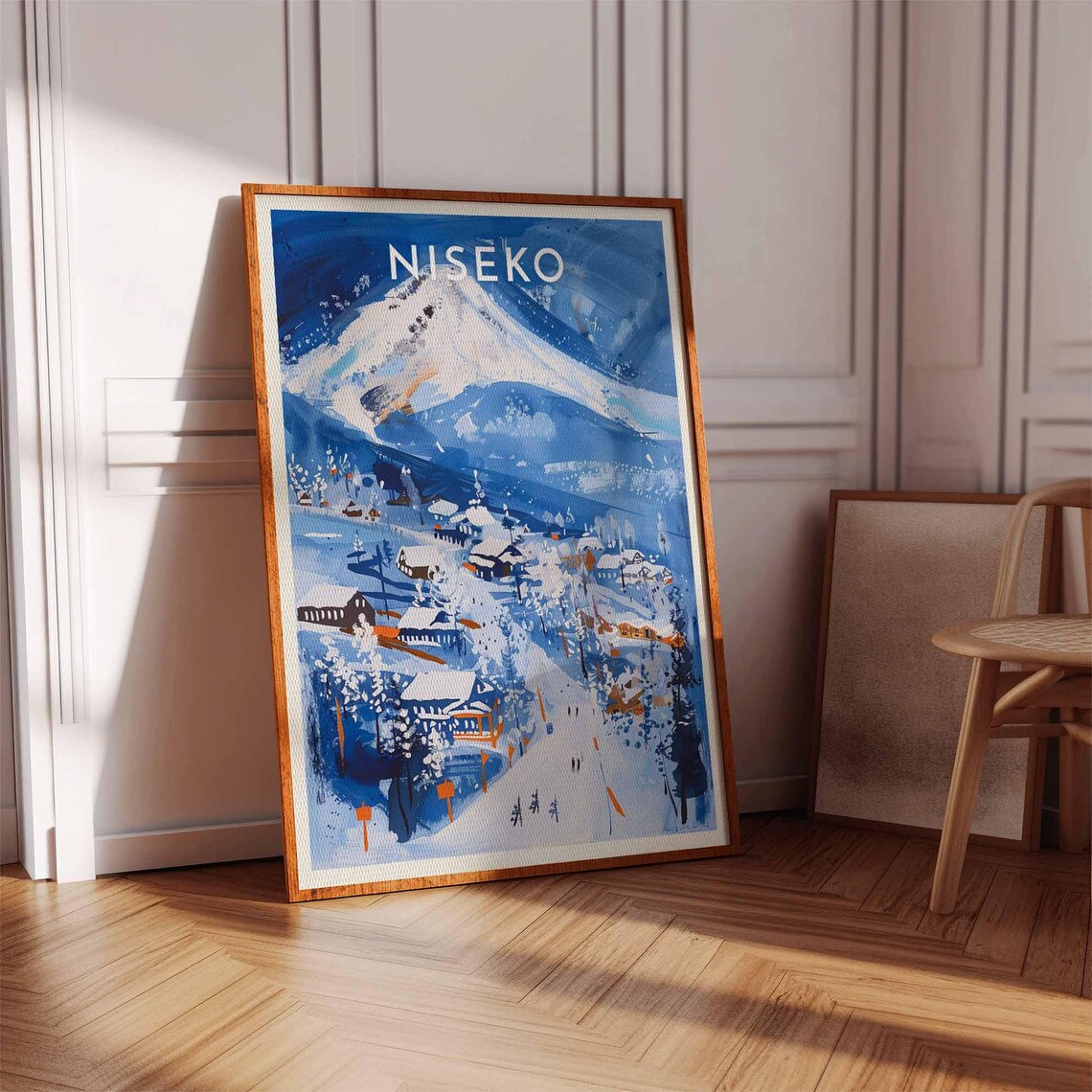Niseko Japan Blue Night Village Lights Snow Peak Watercolor Ski Poster - Image 3