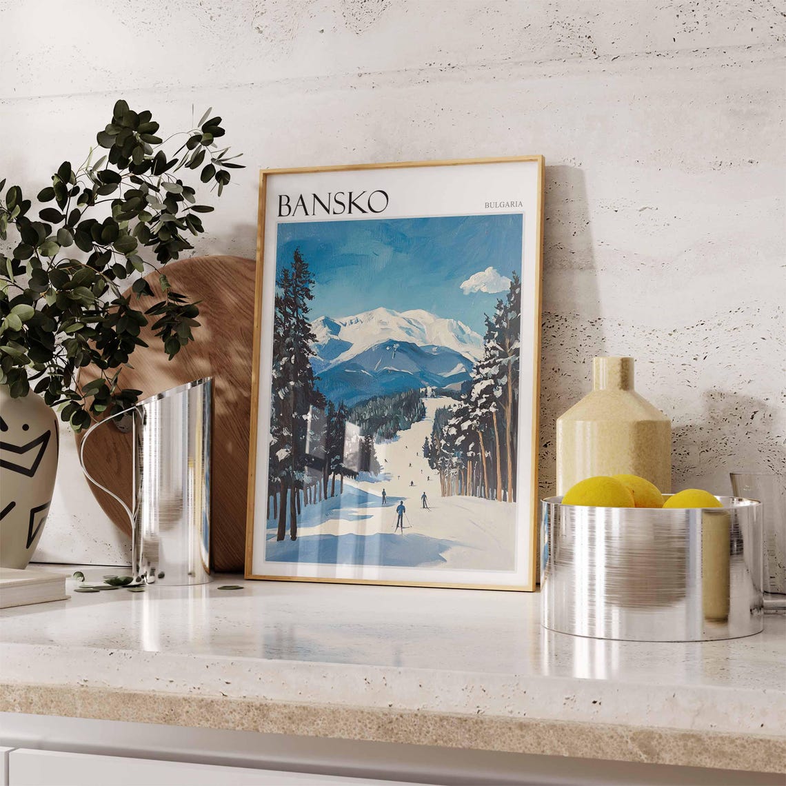 Bansko Bulgaria Classic Pine Lined Ski Slope Skiers Scene Poster - Image 2