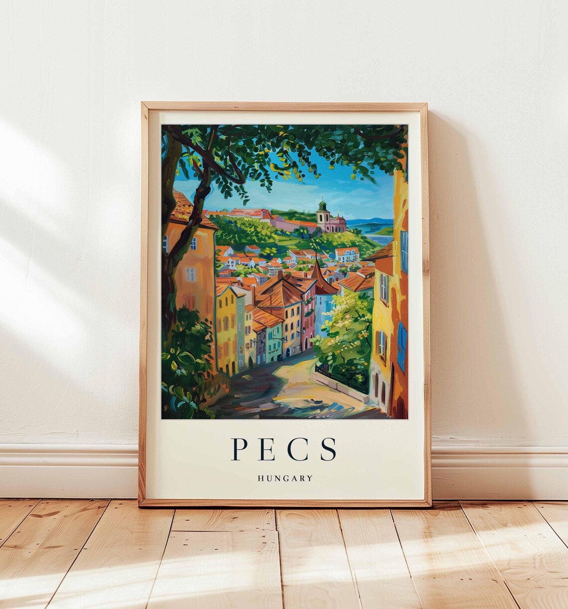 Pecs Hungary Steep Cobblestone Street Hillside Houses Travel Poster