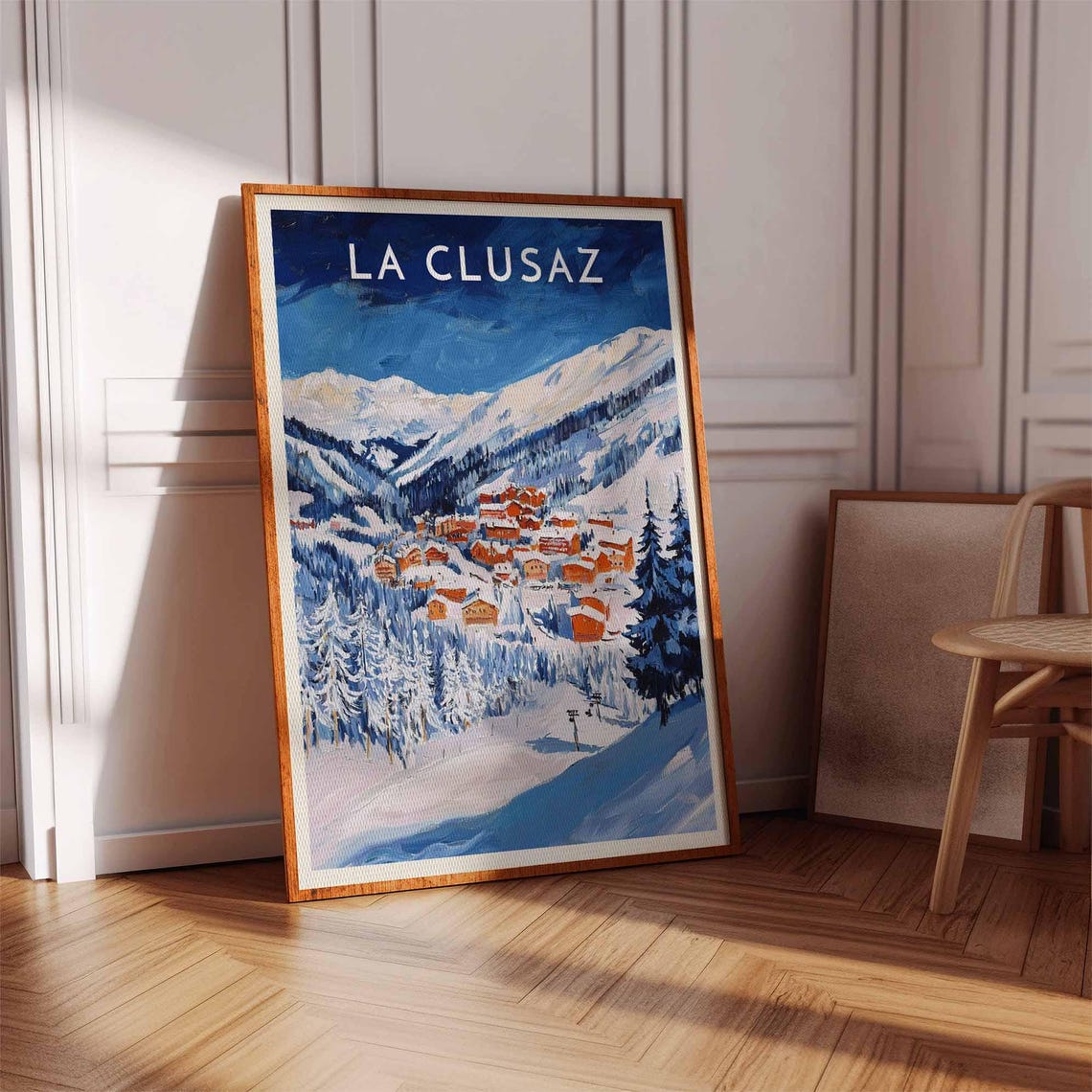 La Clusaz Orange Chalet Village Poster under Bright Blue Sky - Image 2