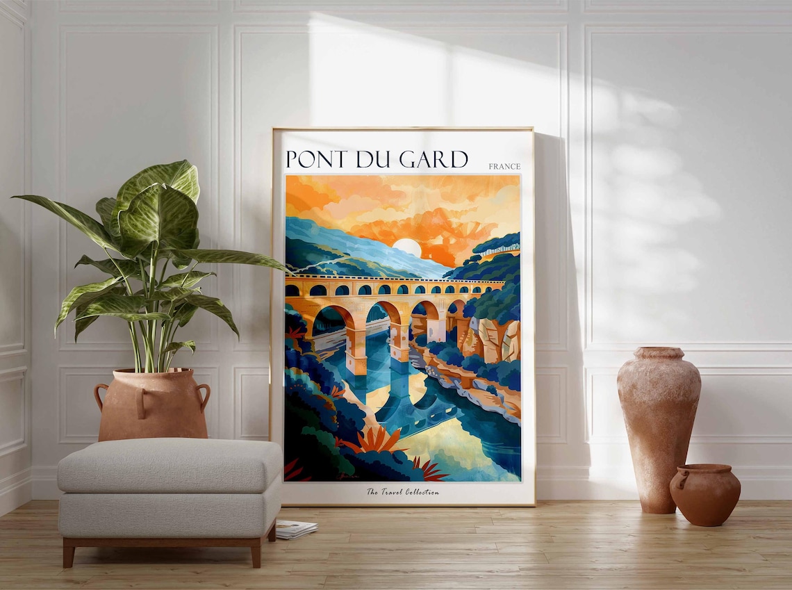 Pont du Gard France Sunset Roman Aqueduct Illustration Travel Poster - Image 3