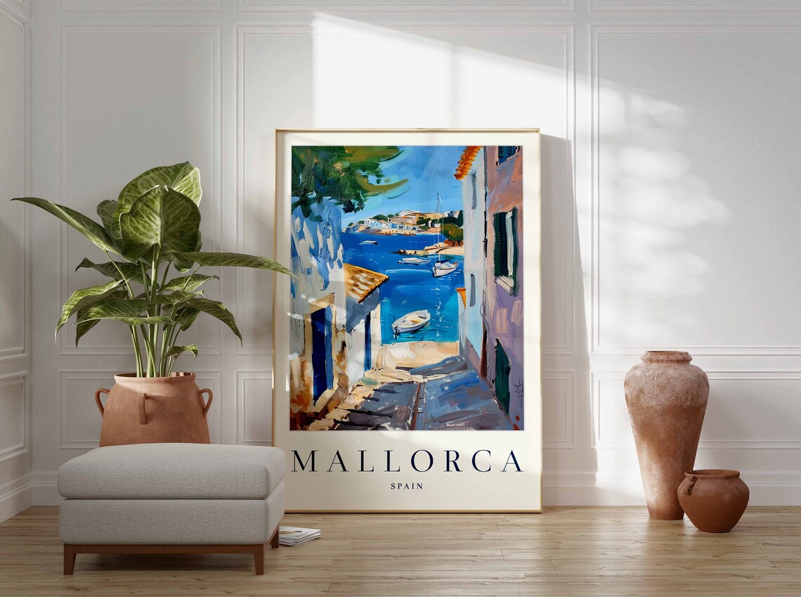 Mallorca Spain Sunlit Coastal Village Bay Boats Travel Poster - Image 3