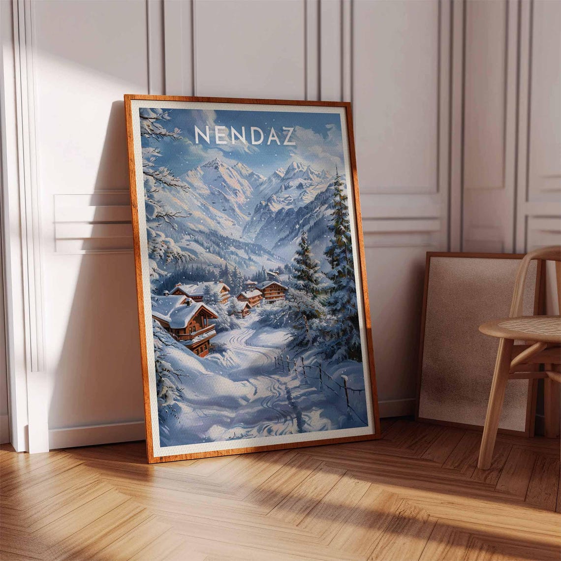 Nendaz Switzerland Morning Light Path Through Pines Chalets Ski Poster - Image 3