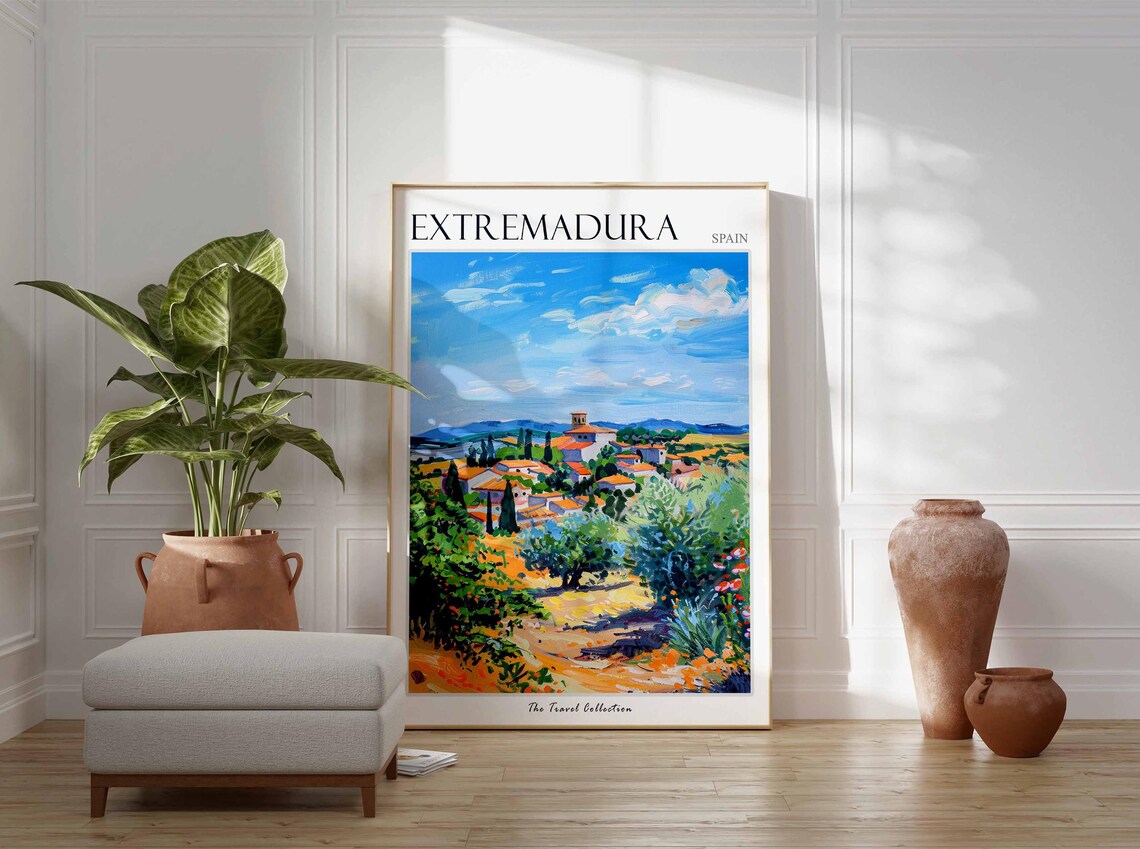 Extremadura Hilltop Village Church Cypress Spain Travel Poster - Image 3