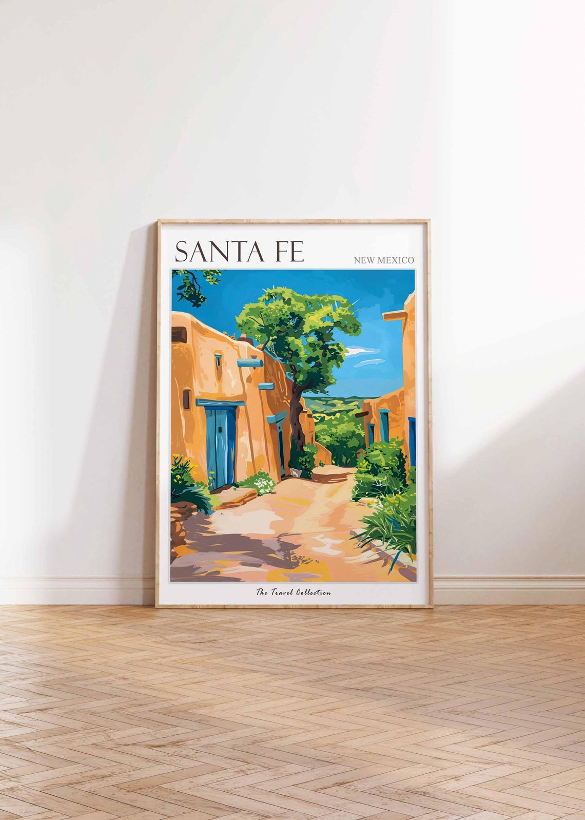 Santa Fe New Mexico Travel Poster Adobe Alley Blue Doors Painting Art - Image 2