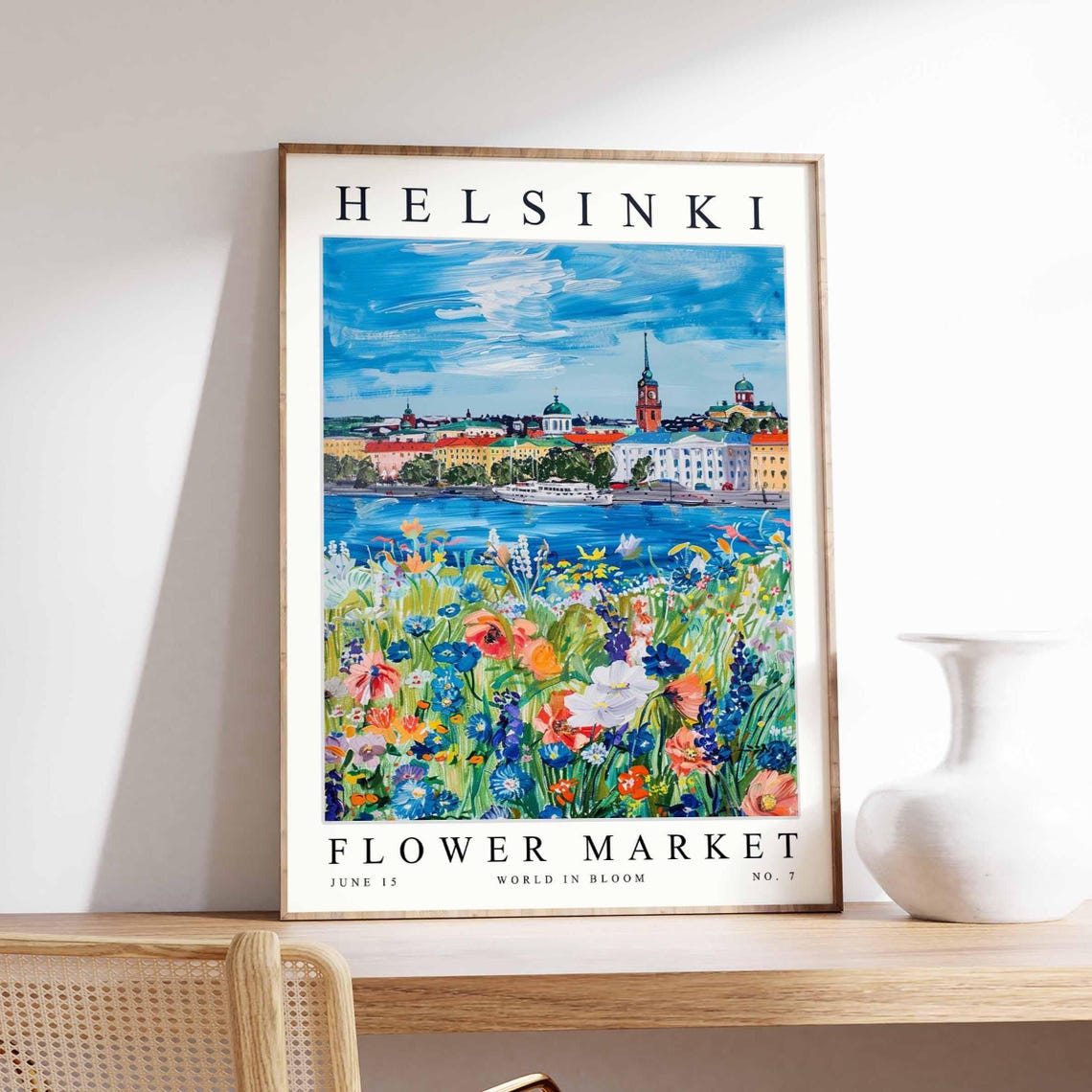 Helsinki Flower Market Blue Wildflower Ferry Harbor City Poster
